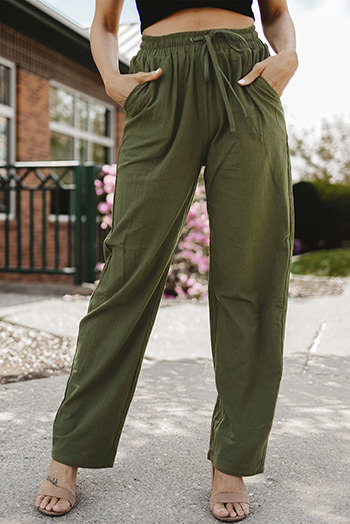 Green Drawstring Elastic Waist Pockets Long Straight Legs Pants