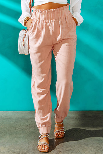 Pink Ruffled Elastic Waistband High Waist Pants