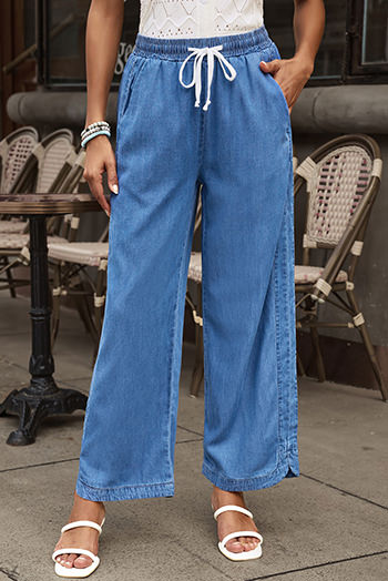 Sky Blue Wide Leg Drawstring Waist Loose Pants