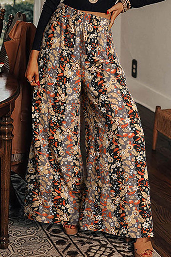 Black Floral Print High Waist Wide Leg Pants