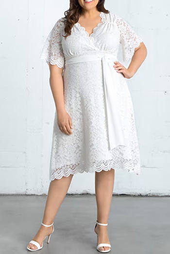 White Scalloped Lace Wrap V Neck Plus Size Dress