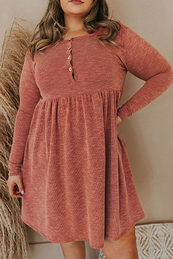 Red Plus Size Mineral Washed Ribbed Henley Dress