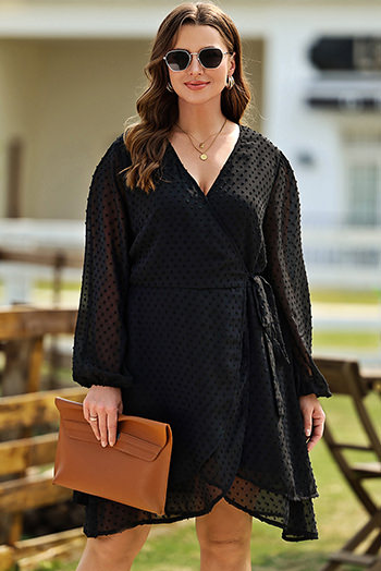 Black Plus Size Swiss Dot V Neck Wrap Long Sleeve Dress