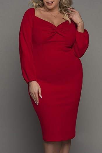 Red Long Sleeve Front Knot Plus Size Midi Dress