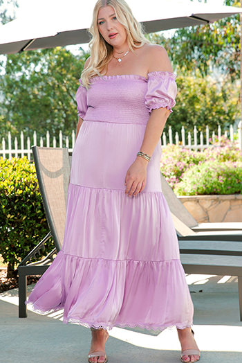 Purple Ruffled Smocked Off Shoulder Plus Size Maxi Dress