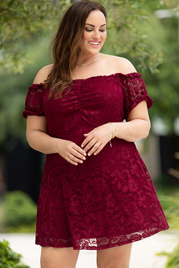 Fiery Red Lace Frill Bubble Sleeve Off Shoulder Plus Size Dress