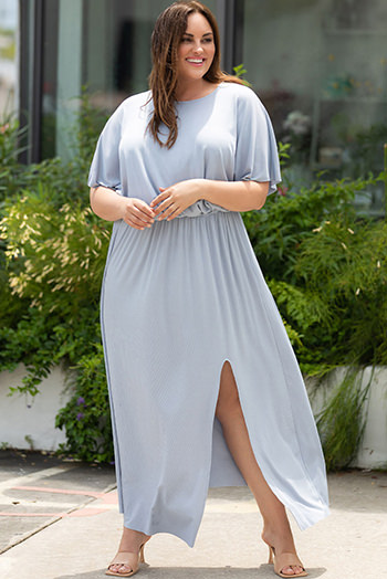 Sky Blue Plus Size Short Sleeves Rib Knit Maxi Dress with Slit