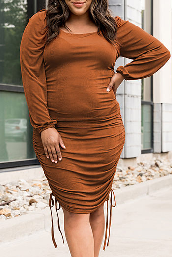 Orange Plus Size Ruched Drawstring Bodycon Dress