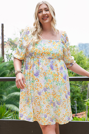 Multicolor Plus Size Floral Print Ruffle Bubble Sleeve Babydoll Dress