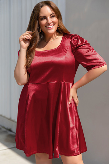 Fiery Red Plus Size Ruched Puff Sleeves Fit Flare Midi Dress