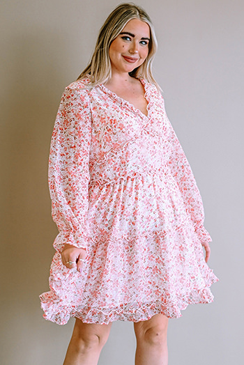 Pink Frilled Tiered Floral Plus Size Dress