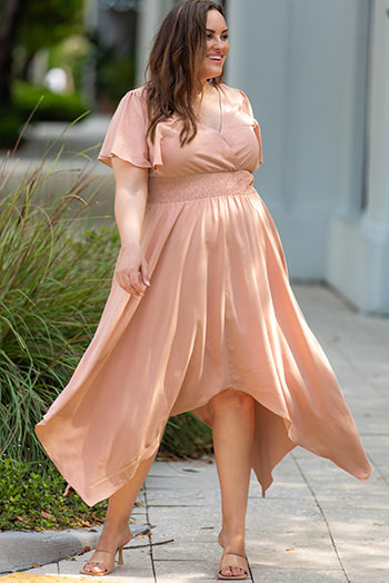 Pink Wrap V Neck Plus Size Handkerchief Dress