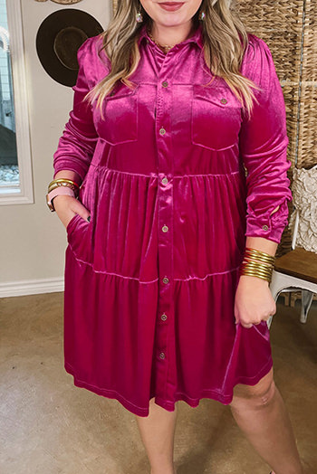 Rose Red Plus Size Velvet Long Sleeve Button-Up Tiered Dress