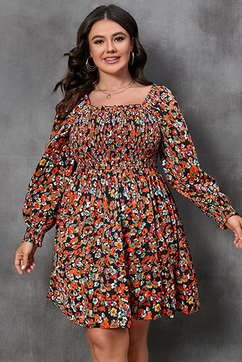 Multicolor Plus Size Smocked Long Sleeve Floral Dress