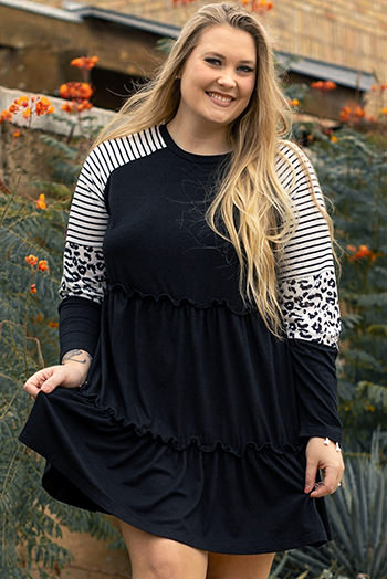 Black Plus Size Striped Leopard Patch Sleeve Ruffle Tiered Dress