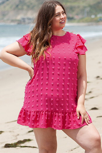 Strawberry Pink Plus Size Jacquard Short Ruffle Sleeve Mini Dress