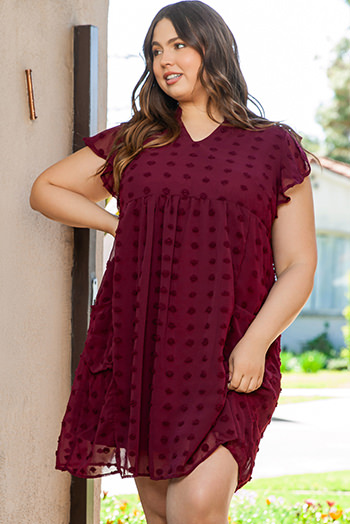 Burgundy Plus Size Swiss Dot Ruffled Sleeve V Neck Dress