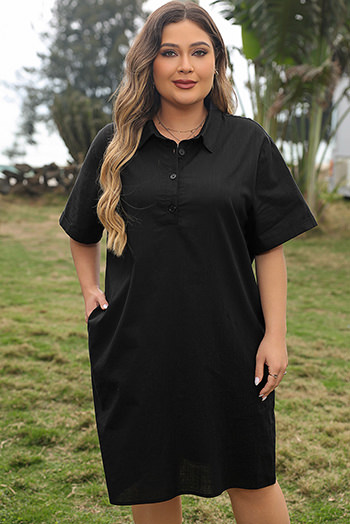 Black Plus Size Shirt Collar Buttoned Short Sleeve Shift Dress