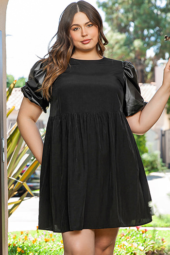 Black Plus Size Half Puff Sleeve Swing Dress