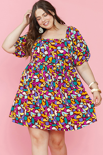 Purple Plus Size Printed Puff Sleeve Short Flare Dress