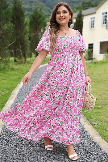 Pink Plus Size Floral Print Smocked Puff Sleeve Dress