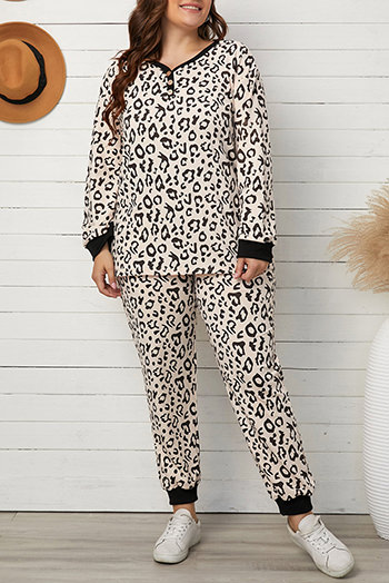 Leopard Plus Size V Neck Top And Sweatpants Lounge Set