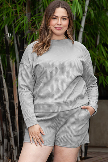 Light Grey Plus Size Textured Casual Two Piece Pants Set