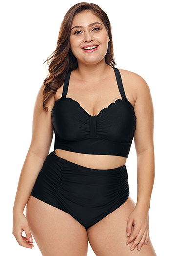 Black Plus Size Scalloped Detail High Waist Bikini Swimsuit