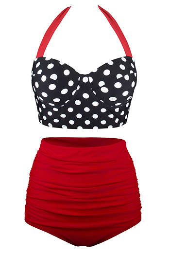 Red Vintage Halter Push Up Polka Dot High Waist Tummy Control Plus Size Bikini