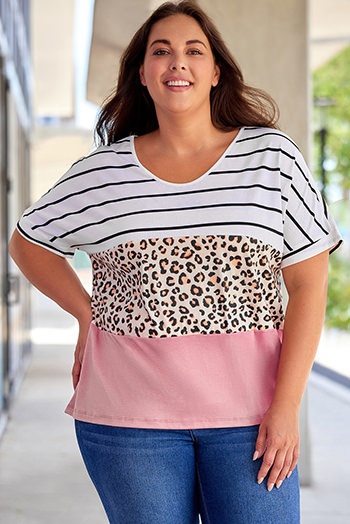 Striped Leopard Color Block Plus Size T Shirt