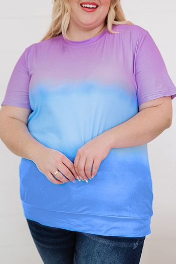 Purple Crew Neck Tie Dye Colorblock Plus Size Tee