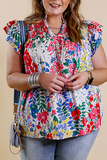 Red Plus Floral Print Ruffle Cap Sleeve V Neck Blouse