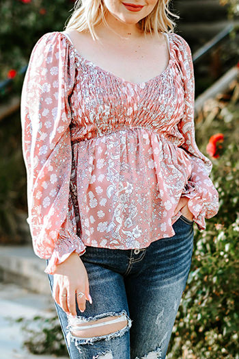 Pink Bohemian Print Puff Sleeve Curvy Peplum Blouse