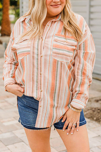 Orange Plus Size Striped Shirt with Chest Pockets