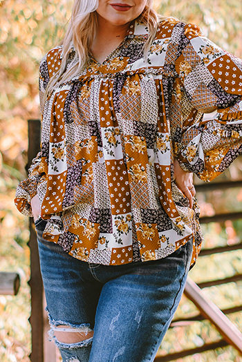 Apricot Turn-Down Neck Mixed Print Plus Size Shirt