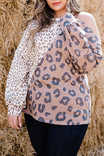 Leopard Plus Size Leopard Color Block Asymmetrical Cold Shoulder Top