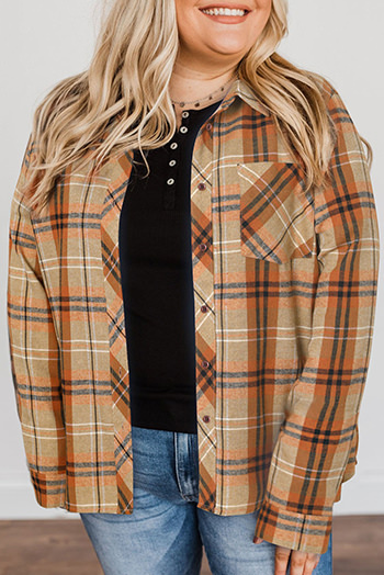 Orange Plus Size Buttons Plaid Pattern Shirt