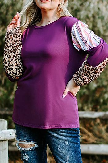 Purple Leopard Striped Color Block Plus Size Top