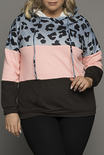 Pink Plus Size Leopard Colorblock Splicing Hoodie with Pocket