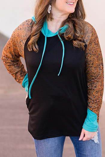 Black Western Print Color Block Plus Size Hoodie