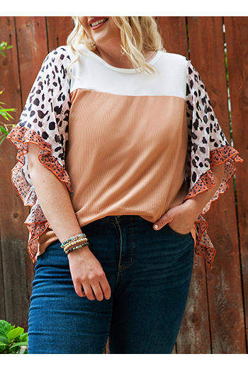 Khaki Waffle Knit Animal Print Ruffle Sleeves Plus Size Top