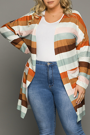 Brown Stripe Print Open Front Plus Size Cardigan with Pocket