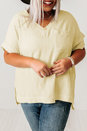 Beige Textured Pocket Split V Neck Plus Size Top