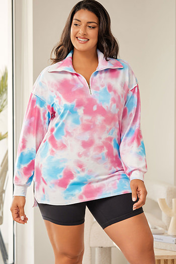 Multicolor Plus Size Tie dye Zipped Collared Pullover Sweatshirt