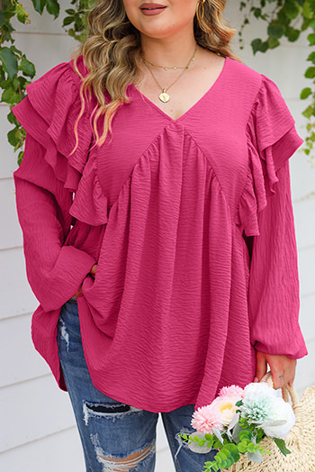 Pink Crinkle Ruffled V Neck Plus Size Blouse