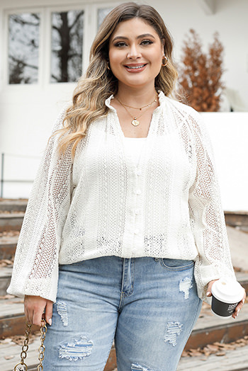 White Plus Size Lace Hollow Out V Neck Button Up Shirt