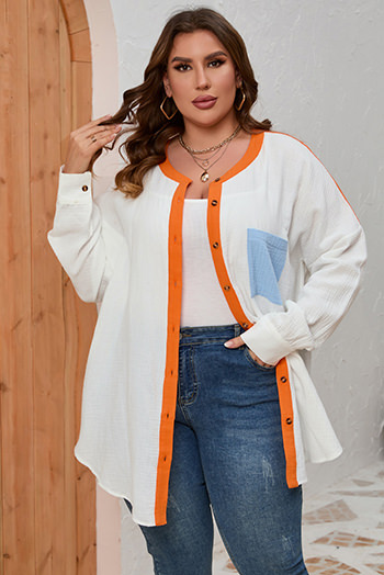 White Crinkle Colorblock Chest Pocket Plus Size Shirt