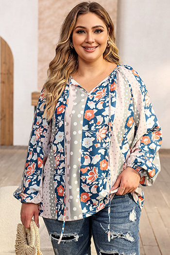 Multicolor Plus Size Mixed Print Split Neck Blouse