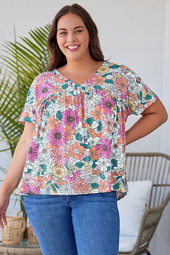 Multicolor Plus Size Summer Floral Print V Neck Blouse