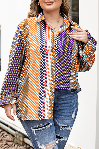 Brown Plus Size Mix Dotted Patchwork Button up Shirt